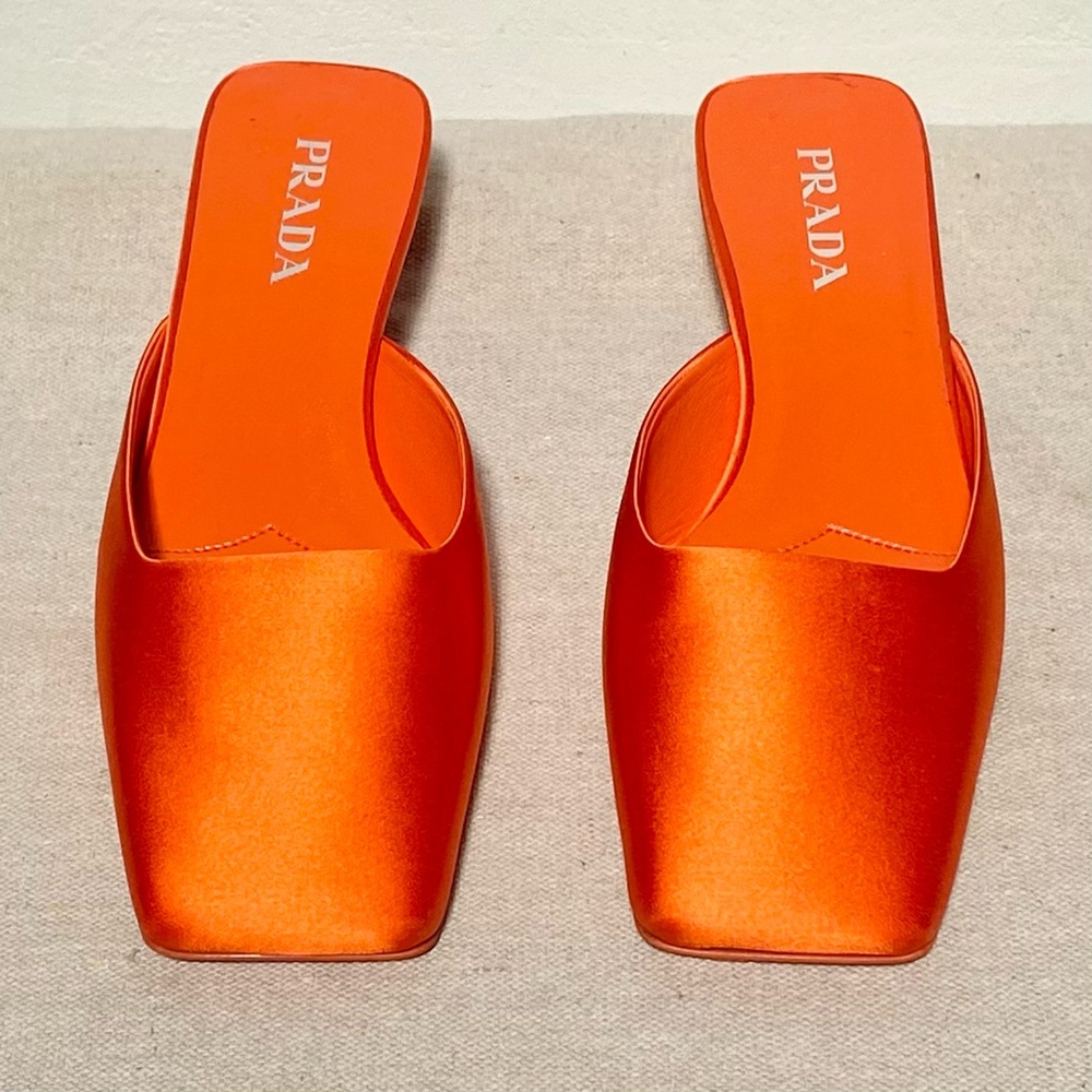 Prada orange satin silk square toe mules logo heels with box size 41 - Picture 3 of 13